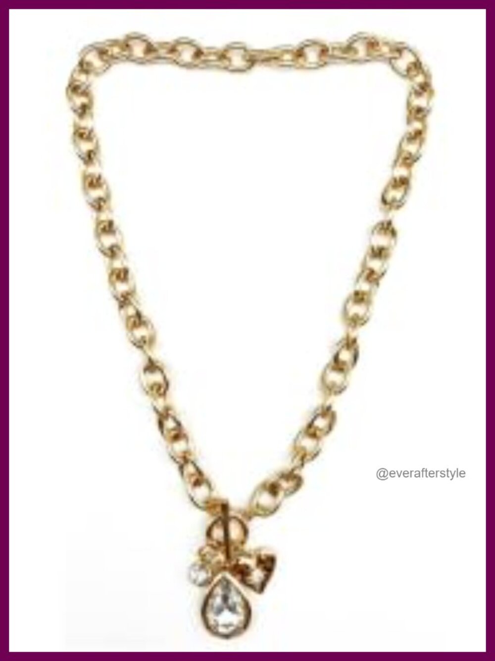 Gold Tone Link Chain Necklace Teardrop Crystal Pendant